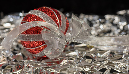 Red and Silver Christmas Ornament Closeup