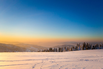 Winter trekking Beskidy mountains Rysianka