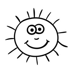 Cartoon doodle linear happy sun isolated on white background. Vector illustration. 
