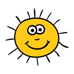 Cartoon doodle linear happy sun isolated on white background. Vector illustration. 