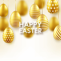 Easter golden egg with confetti and calligraphic lettering, greetings. Traditional spring holidays in April or March. Sunday. Eggs and gold.