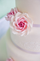 White three-tiered wedding cake with pink roses made of mastic stands on the table a delicate green background. letters bride and groom