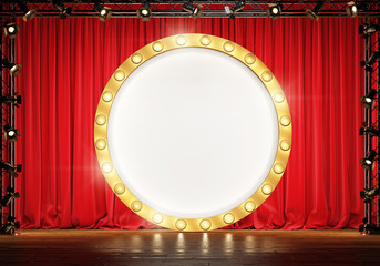 Golden round frame with shining bulbs on the theater stage with red velvet curtains and theatrical spotlight. Space for text. 3d illustration
