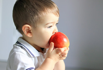 Close up portrait of cute little baby boy holding and eating red apple. Healthy food, diet,...