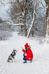 Fototapeta na wymiar Young woman playing with her Husky dog in winter park