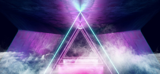 Smoke Neon Triangles Laser Glowing Cyber Sci Fi Futuristic Modern Retro Hi Tech Dance Club Purple Pink Blue Lights In Dark Grunge Reflective Concrete Tunnel Corridor Hall Room Empty 3D Rendering