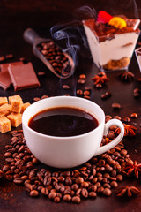 The invigorating morning coffee with sweets. It can be used as a background