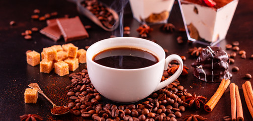 The invigorating morning coffee with sweets. It can be used as a background