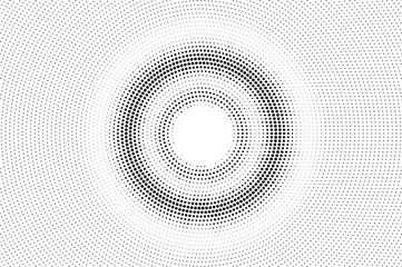 Black on white faded halftone texture. Round dotwork gradient. Centered vector background. Monochrome halftone overlay