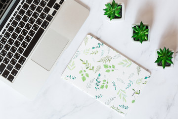 Desktop items: laptop, notebook, succulent plants lying on desk. Top view