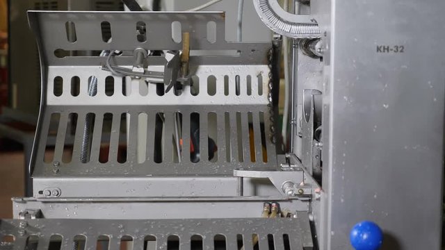 Meat-processing plant. Sausage industry. Final proccess in sausage production. Sausage production line in modern meat factory. Halal Certificate. Food industry. 4k