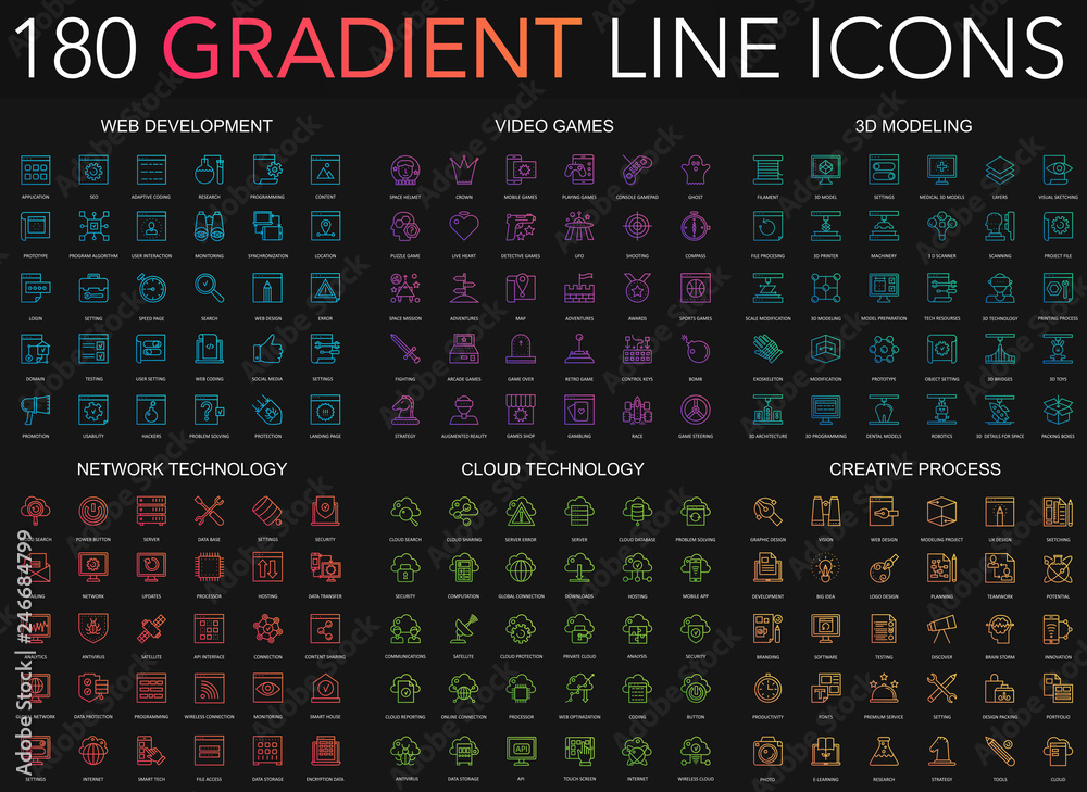 Poster 180 trendy gradient style thin line icons set of web development, video games, 3d modeling, network technology, cloud data technology, creative process isolated on black background.