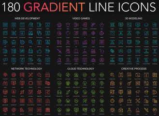 180 trendy gradient style thin line icons set of web development, video games, 3d modeling, network technology, cloud data technology, creative process isolated on black background.