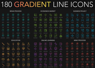 180 trendy gradient style thin line icons set of brain process, economics market, business project, education, online learning, mind process isolated on black background.