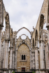 Lisbon, Portugal Carmo Convent Church ruins. Day view of main nave ruins and arches of The Convent of Our Lady of Mount Carmel, Convento da Ordem do Carmo damaged by 1755 earthquake.