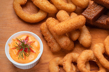 beer snack on a wooden stand. bar and restaurant menu