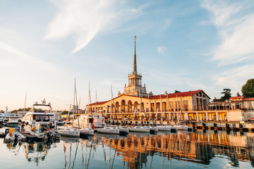 Seaport with luxury yachts in Black sea at sunset