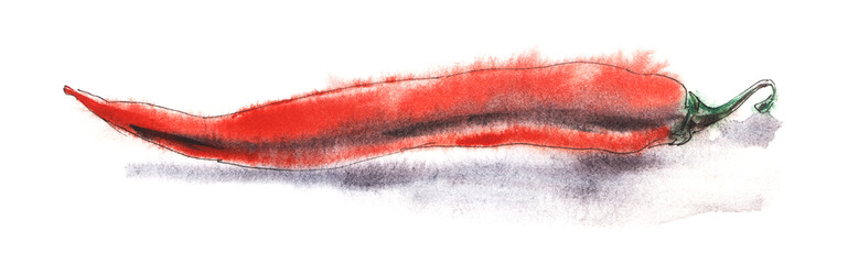Red Hot Chili Pepper. Hand-drawn watercolor paper on wet paper