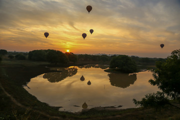 Hot air balloons on the temples. Bagan Myanmar