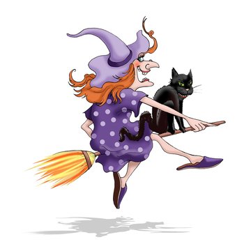 Hexe fliegt auf Besen mit schwarzer Katze, lila Hut und Kleid und Hausschuhen, rote Haare, Warze, Illustration von Kathrin Schwertner, Freisteller, freigestellt 