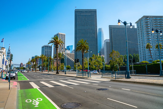 May 10, 2018. San Francisco, USA. Empty Street Of San Francisco Near The Main Docks And Pier 39 With Skyscrapers On The Background.