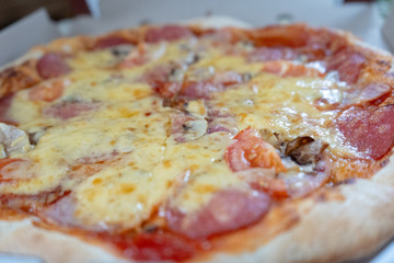 Tasty pizza with salami and tomatoes 