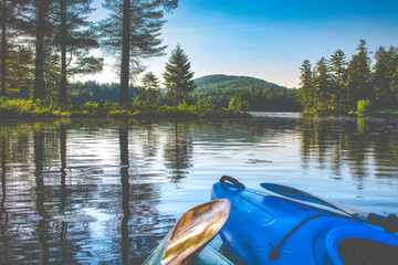 kayaking in the lake with friends - vermont - obrazy, fototapety, plakaty