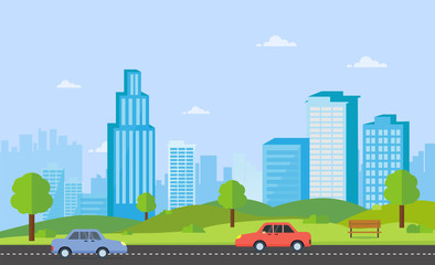 Public park with bench main street city with cars, sky and cityscape background.Beautiful nature scene with town and hill.Clean spring amazing scenery. Vector illustration.Road and car with urban city