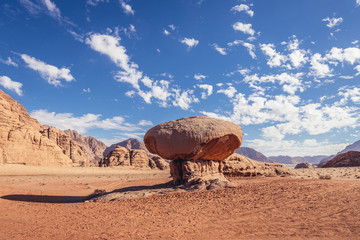 Mushroom shaped rock in Wadi Rum also known as valley of light or valley of sand in Jordan © Fotokon