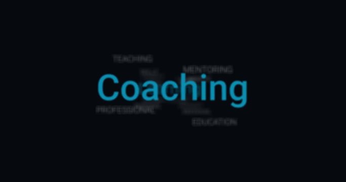 Video Animation showing coaching services (e.g. learning, teaching, mentoring). Black background, white text. Tag Cloud