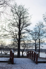Winter view in the park with river and bridge