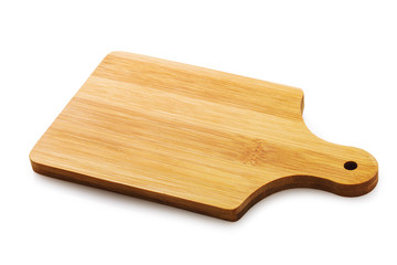 Empty cutting board isolated on white background, close-up