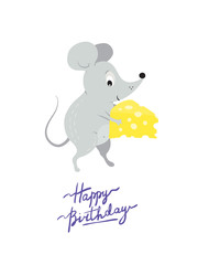 Greeting card template with cute funny rat or mouse with present cheese