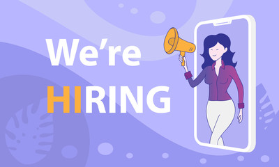 cute woman shouting on megaphone - we are hiring word