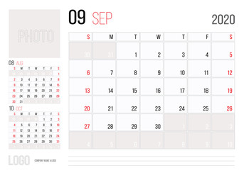 Calendar 2020 planner corporate template design September. Week starts on Sunday.