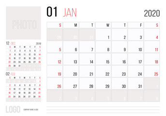 Calendar 2020 planner corporate template design January.