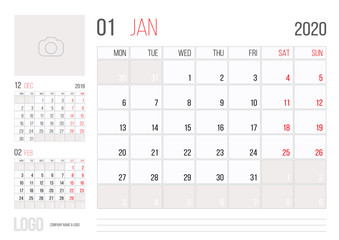 Calendar 2020 planner corporate template design January month.