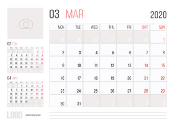 Calendar 2020 planner corporate template design March month