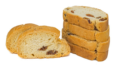 Crackers sweet with raisins on a white background. Rusk with raisins on a white background. hard bread chucks crackers with raisins and breadcrumbs