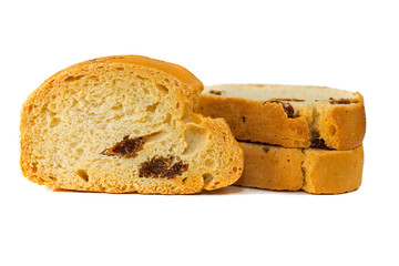 Crackers sweet with raisins on a white background. Rusk with raisins on a white background. hard bread chucks crackers with raisins and breadcrumbs