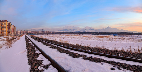 Panaromic image of railways near Erzurum with palandoken mountains view in Turkey