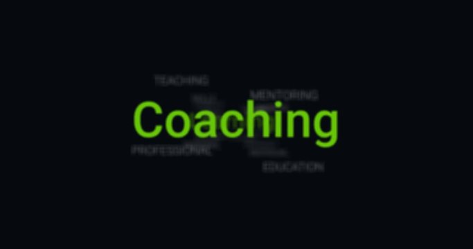 Video Animation showing coaching services (e.g. learning, training, education). Black background, green text. Tag Cloud