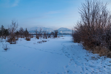 Palandoken mountain with ski resort lights at evening time in Erzurum, Turkey