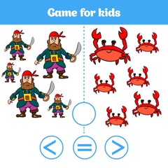 Education logic game for preschool kids. Choose the correct answer. More, less or equal Vector illustration