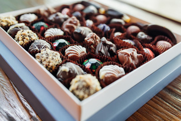 Handmade chocolates or candies in the box. This sweet chocolate gift are delicious, natural, organic luxury and healthy.