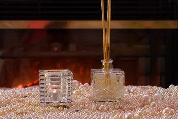 Spa still life with pearls, aroma oil and candles - 246696348