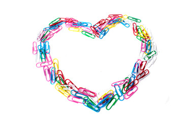 colorful heart from paper clips on the white background