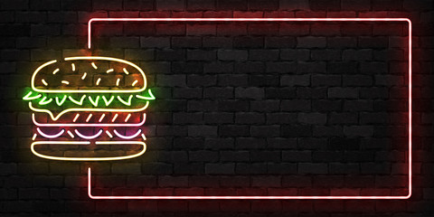 Vector realistic isolated neon sign of Burger frame logo for template decoration and covering on the wall background. Concept of fast food, cafe and restaurant.