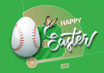 Happy Easter. Easter egg in the form of a baseball ball on a baseball field background. Vector illustration.