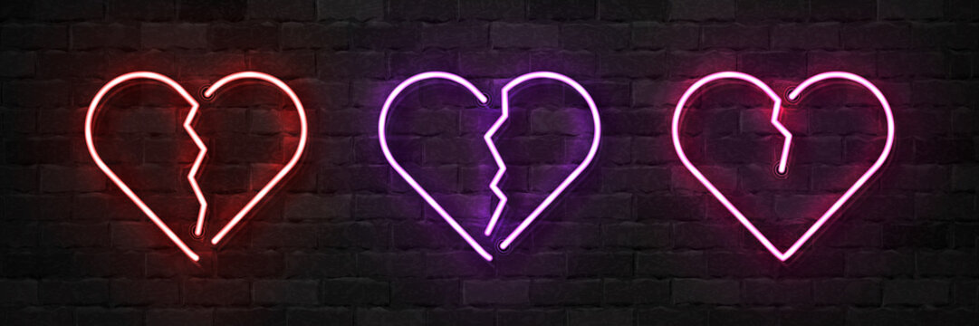 Vector set of realistic isolated neon sign of Broken Heart logo for template decoration and layout covering on the wall background. Concept of Unhappy Valentines Day.